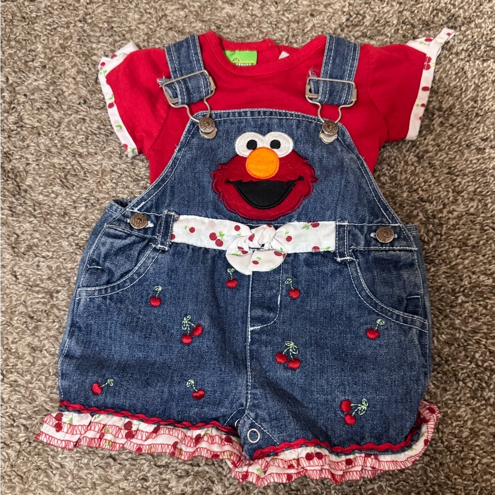 Y2K 2007 Sesame Street Elmo Denim Overalls with Red Top